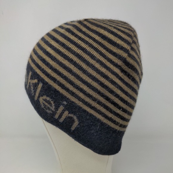 Calvin Klein Men's Beanie Hat Black 100% Acrylic Striped Spell Out - Picture 6 of 13